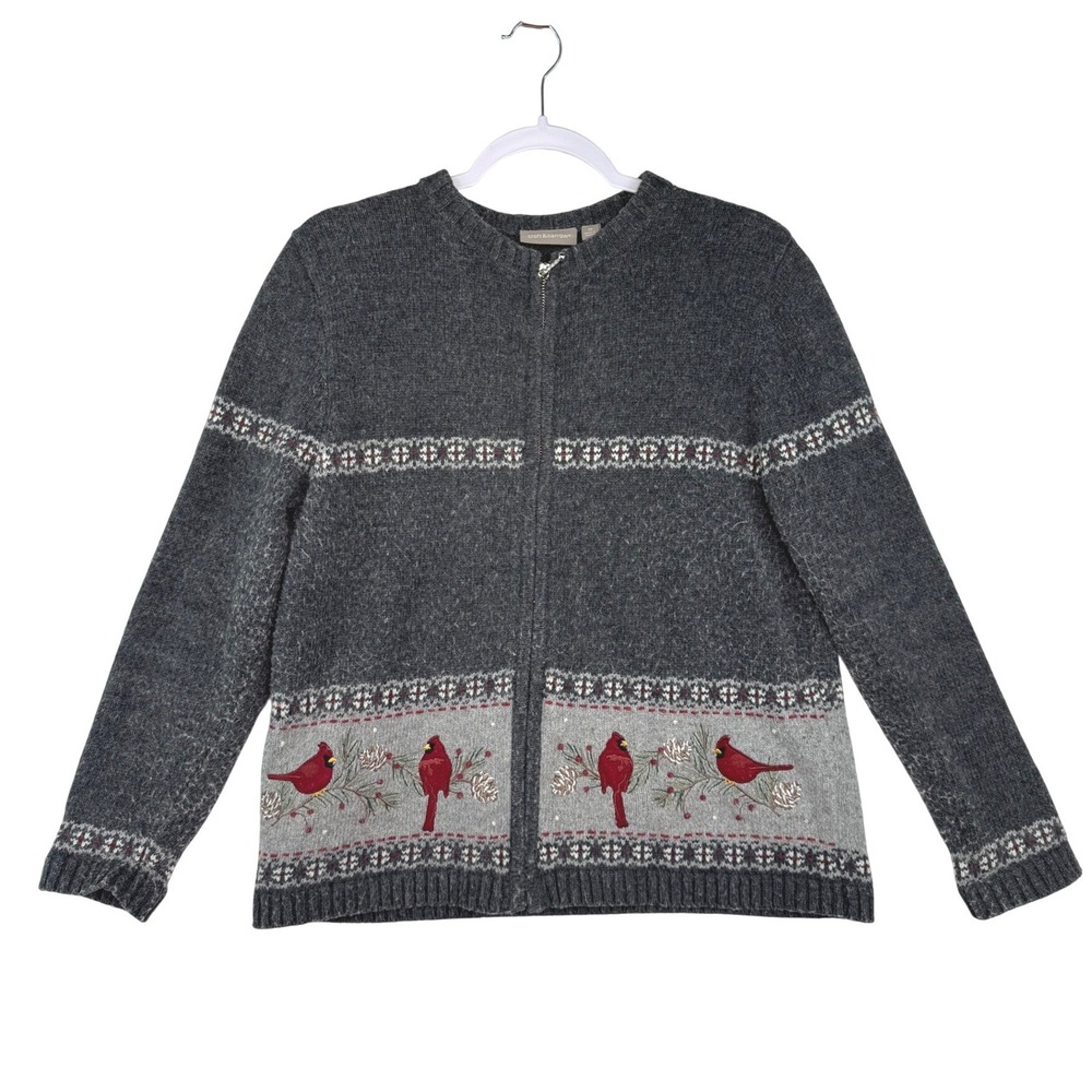 Croft & Barrow Womens Gray Cardinal Embroidered Fair Isle Full Zip Cardigan M